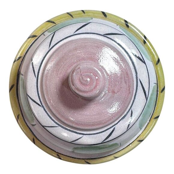 Hand-Painted Pottery Butter Dish Cheese Lid Pastel Design Signed By Artist 3.5" - Picture 5 of 7